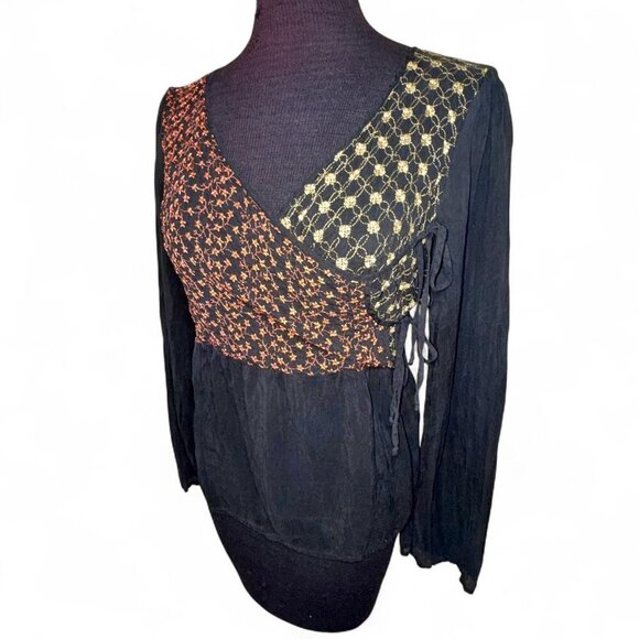 Johnny Was Vintage Boho Side Tie Blouse Orange Blue Yellow Floral Embroidery - Picture 3 of 8